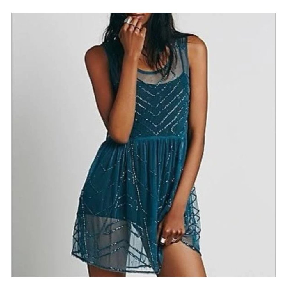 Free People Blue Beaded Sheer Dress L